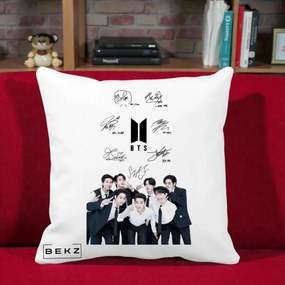 Perna Personalizata K-pop BTS Autografe Toti Membrii cu Fotografie, 40x40 cm, Alba Mata, Husa Detasabila, Perna Inclusa, BEKZ®