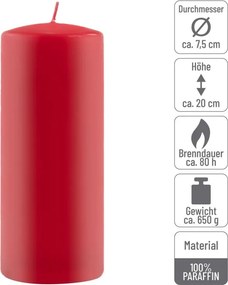 Set de lumânări stâlp, 20 cm, Ø 7,5 cm, roșu, 6 buc