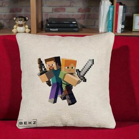 Perna Personalizata Minecraft Steve si Alex, 40x40 cm, Bej Canapea, Husa Detasabila, Perna Inclusa, BEKZ®