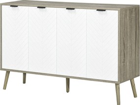 HOMCOM Bufet jos, mobilier de depozitare, 2 dulapuri, 4 uși, model chevron, polițe reglabile, 120 x 35 x 77,4 cm, alb și gri | Aosom Romania