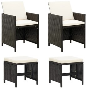Set scaune de gradina si taburet, 4 piese, negru, poliratan 4, Alb si negru