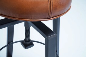 Scaun de bar reglabil din piele naturală și metal, maro, în stil industrial, cu inel pentru picioare, „Factory”