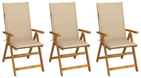 vidaXL Scaune grădină pliabile, cu perne, 3 buc., lemn masiv de acacia