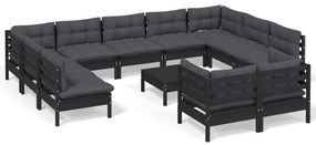 Set mobilier grădină cu perne, 12 piese, negru, lemn masiv pin