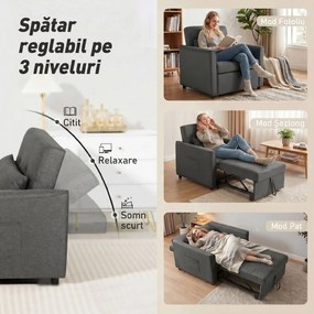 HOMCOM Fotoliu Pat Single 3 în 1 din Material Textil Tip In și Lemn cu Spătar Reclinabil, Pernă, Buzunare, Gri | Aosom Romania