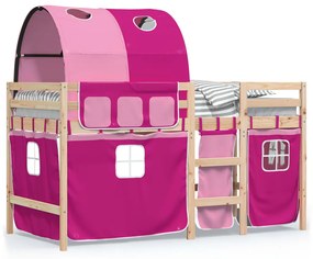 3283837 vidaXL Pat etajat de copii cu tunel roz 80x200 cm lemn masiv pin