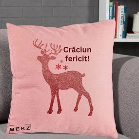 Perna Decorativa Ren Sclipitor Glitter Craciun Fericit, 40x40 cm, Roz, Husa Detasabila, Perna Inclusa, BEKZ®