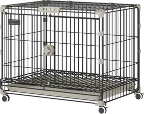 PawHut Cușcă pliabilă pentru câini, Tavă detașabilă, Roți cu frâne, Acoperiș rabatabil, Ușă pentru hrănire, 60,5x45,5x54,5cm, Negru | Aosom Romania