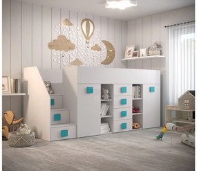 Pat multifuncțional 90 cm Toreno 3 (Alb + alb lucios + mânere turcoaz lucios) (S). 1083331