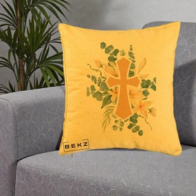 Perna Personalizata Cruce Florala Botez, 40x40 cm, Galben, Husa Detasabila, Perna Inclusa, BEKZ®