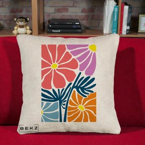 Perna Decorativa Flori Grafice Roz-Orange-Albastru, 40x40 cm, Bej Canapea, Husa Detasabila, Perna Inclusa, BEKZ®