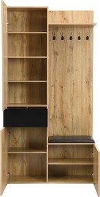 Set pentru garderobă cu 5 cârlige pentru haine, oglindă, dulap pentru pantofi și dulap încorporat, 98,5x38x191 cm, Culoare naturală