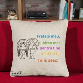 Cadou pentru Frate - Perna Personalizata Fratele Meu Te Iubesc Copii Anime Colorat, 40x40 cm, Bej Canapea, Husa Detasabila, Perna Inclusa, BEKZ®