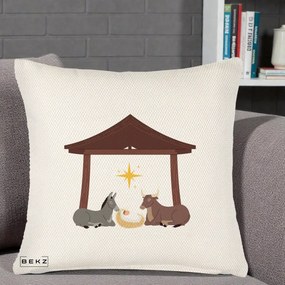 Perna Decorativa Ieslea din Betleem cu Iesle Asin si Bou, 40x40 cm, Crem Reliefat, Husa Detasabila, Perna Inclusa, BEKZ®