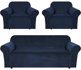 Set huse elastice din catifea pentru canapea 3 locuri + 2 fotolii, cu brate, bleumarin, HCCJS-04