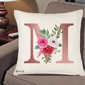 Cadou Personalizat - Perna Personalizata Monograma Rose Gold Litera M cu Trandafiri, 40x40 cm, Crem Reliefat, Husa Detasabila, Perna Inclusa, BEKZ®