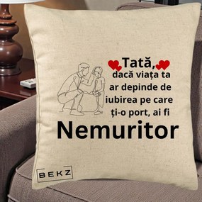 Cadou pentru Tata - Perna Personalizata Tata Nemuritor Baietel, 40x40 cm, Bej, Husa Detasabila, Perna Inclusa, BEKZ®