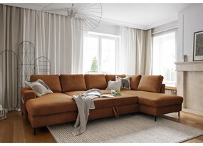 Colțar portocaliu/maro extensibil cu tapițerie din catifea reiată (cu colț pe partea dreaptă) Lofty Lilly – Miuform