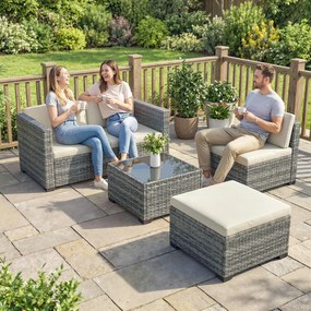 Outsunny Set mobilier grădină Polyrattan 5 piese, set lounge cu colțar, taburet, masă și perne pentru șezut și spate Gri+Cremeweiß | Aosom Romania
