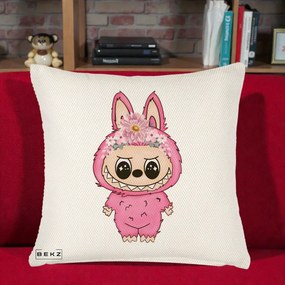 Perna Personalizata Labubu Roz cu Coroana Florala, 40x40 cm, Crem Reliefat, Husa Detasabila, Perna Inclusa, BEKZ®