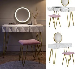 Masuta machiaj cu Oglinda LED si 3 Sertare pentru Cosmetice, Set Masa toaleta 100 cm, Alb, masuta cosmetica, vanity - SEA366