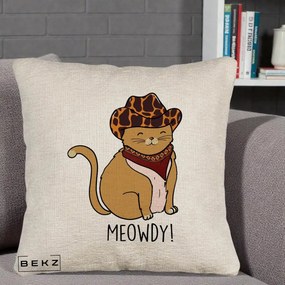 Perna Decorativa Pisica Cowboy Meowdy, 40x40 cm, Bej Canapea, Husa Detasabila, Perna Inclusa, BEKZ®