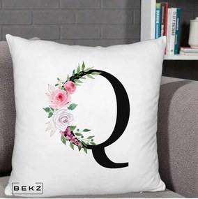 Cadou Personalizat - Perna Personalizata Monograma Florala Litera Q, 40x40 cm, Alb Pufos, Husa Detasabila, Perna Inclusa, BEKZ®