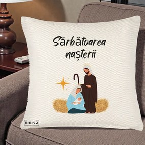 Perna Decorativa Nasterea Domnului Sfanta Familie Sarbatoarea Nasterii, 40x40 cm, Crem Reliefat, Husa Detasabila, Perna Inclusa, BEKZ®