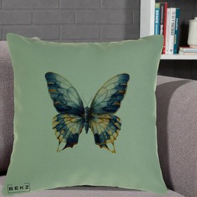 Perna Decorativa Fluture Albastru Auriu Elegant, 40x40 cm, Verde, Husa Detasabila, Perna Inclusa, BEKZ®