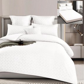 Set lenjerie de pat cu elastic, model embosat, tesatura tip finet, 6 piese, pat 2 persoane, alb, T4-05
