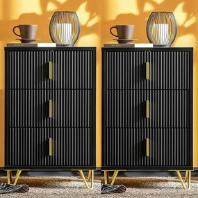 NON12 - Set 2x Noptiere negre 40x40x63cm, riflaje, cu 3 sertare, dormitor - Negru-Auriu