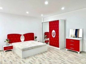 Dormitor Viena, culoare alb / rosu, cu pat tapitat 160 x 200 cm, dulap cu 2 usi, comoda cu oglinda, 2 noptiere si saltea