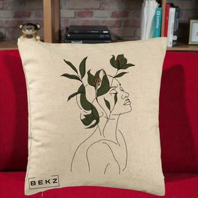 Perna Decorativa Portret Feminin Crin Verde, 40x40 cm, Bej, Husa Detasabila, Perna Inclusa, BEKZ®