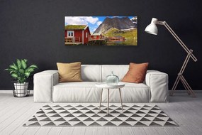 Tablou pe panza canvas Case Munții Lacul Peisaj Brun Alb Verde Gri