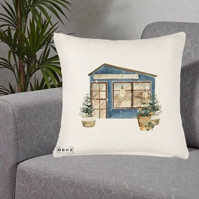 Perna Decorativa Casa de Iarna Watercolor, 40x40 cm, Crem Reliefat, Husa Detasabila, Perna Inclusa, BEKZ®