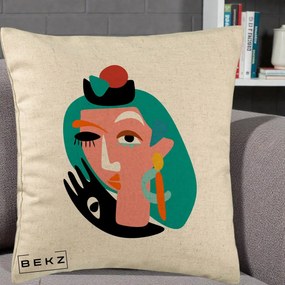 Perna Decorativa Portret Abstract Matisse Turcoaz, 40x40 cm, Bej, Husa Detasabila, Perna Inclusa, BEKZ®