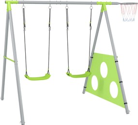 AIYAPLAY Leagăn de Grădină 3 în 1 pentru Copii 3-8 Ani cu Coș de Baschet și Poartă de Fotbal, 238x180x182 cm, Verde | Aosom Romania