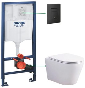 Set vas wc suspendat rimless cu capac soft close Foglia Oslo si rezervor incastrat Grohe Solido 3 in 1 cu clapeta neagra mata Even