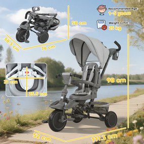 AIYAPLAY Tricicletă Copii 6 în 1, Cărucior și Bicicletă, 1-5 Ani, Max. 25 kg, Pliabilă cu Scaun Rotativ, Copertină, Gri | Aosom Romania