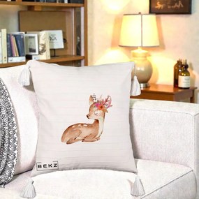Perna Decorativa Caprioara cu Flori in Coama, 40x40 cm, Bej cu Franjuri, Husa Detasabila, Perna Inclusa, BEKZ®