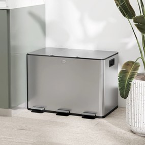 HOMCOM Coș de Gunoi cu 3 Compartimente de 20L, Cu Pedală, Capace cu Închidere Silențioasă, Oțel Inoxidabil și PP, 61,9x36,6x56,7 cm, Argintiu | Aosom Romania