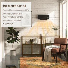 HOMCOM Aeroterma de Perete Oscilatoare pentru Casa si Birou cu Temporizator 12h si 2 Modalitati de Incalzire, 54.5x12x21.5 cm, Negru