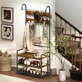 HOMCOM Suport de Haine de Intrare cu Bară, 10 Cârlige Mobile, Bancă și Raft pentru Încălțăminte, Mobilier în Pal și Metal, Design Industrial, 80x40x182 cm, Maro și Negru | Aosom Romania