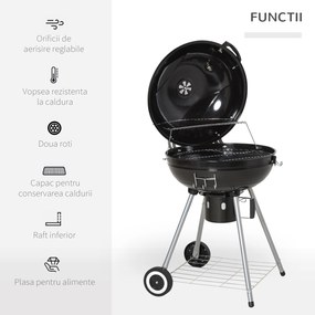 Gratar cu Carbune Capac si Termometru Outsunny, Grilaj Dublu, Metal Negru | Aosom RO