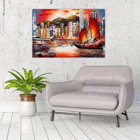 Tablou - Victoria Harbour, Hong Kong, pictură în ulei (90x60 cm)