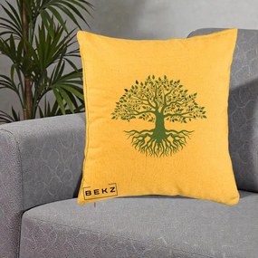 Perna Decorativa Copacul Vietii Teal cu Radacini, 40x40 cm, Galben, Husa Detasabila, Perna Inclusa, BEKZ®