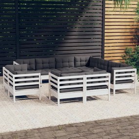 3096936 vidaXL Set mobilier grădină cu perne, 11 piese, alb, lemn masiv pin