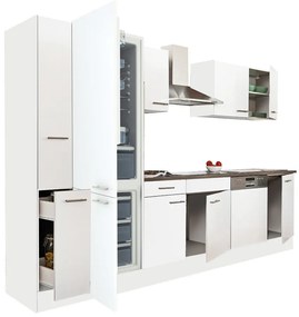 Mobilă de bucătărie Yorki 310, corp alb, față alb satinat, frigider cu congelator jos