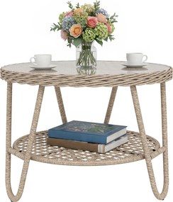 Outsunny Măsuță laterală din polyrattan, masă de cafea în 2 niveluri cu raft, blat din sticlă, picioare reglabile, 65 x 65 x 50 cm, galben | Aosom Romania