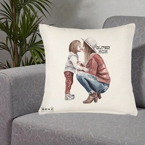 Cadou pentru Mama - Perna Personalizata Super Mom Acuarela, 40x40 cm, Crem Reliefat, Husa Detasabila, Perna Inclusa, BEKZ®